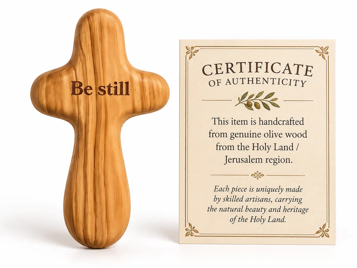 Olive wood prayer cross engraved Be still, beside its certificate of authenticity