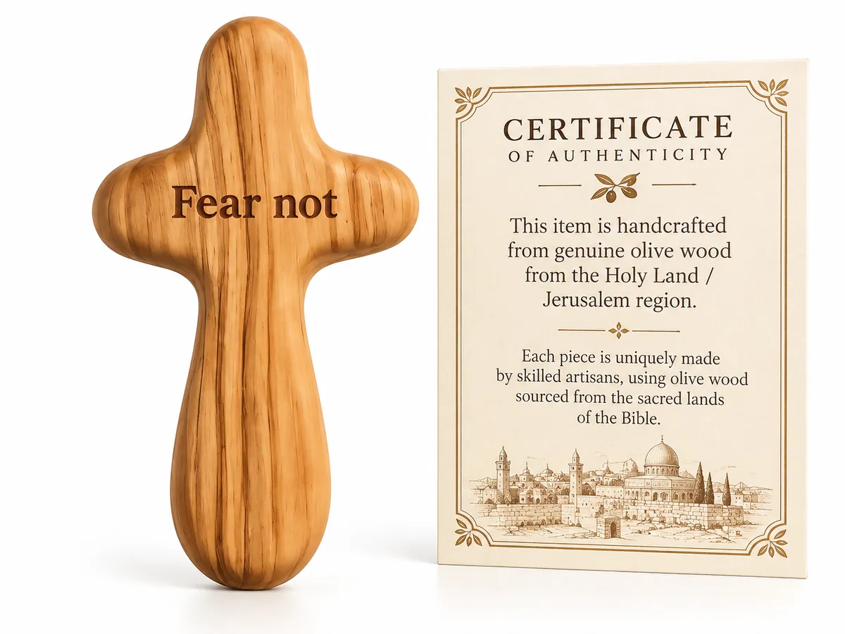 Olive wood prayer cross engraved Fear not, beside its certificate of authenticity
