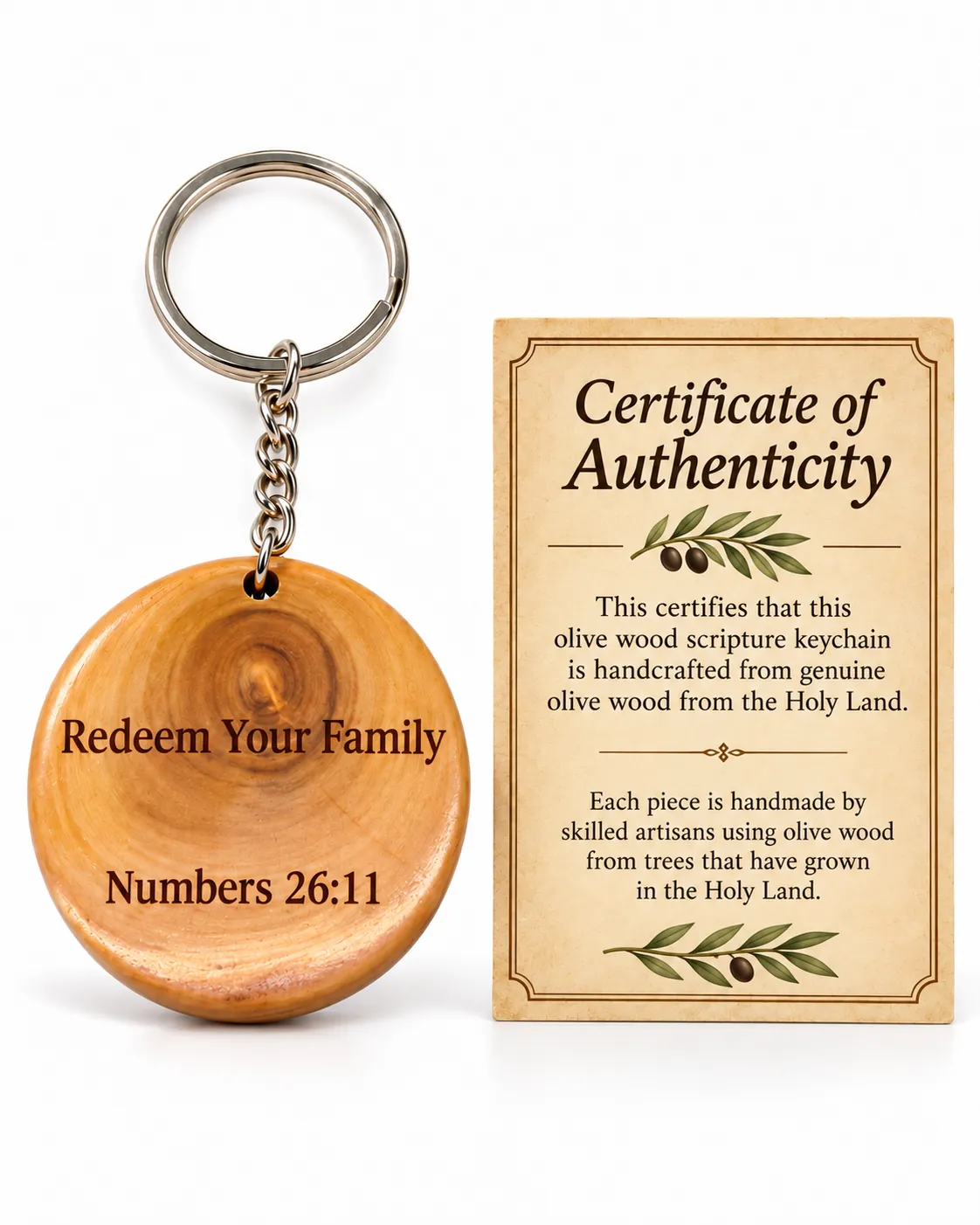 Olive wood keychain engraved Redeem Your Family, Numbers 26:11, beside its certificate of authenticity