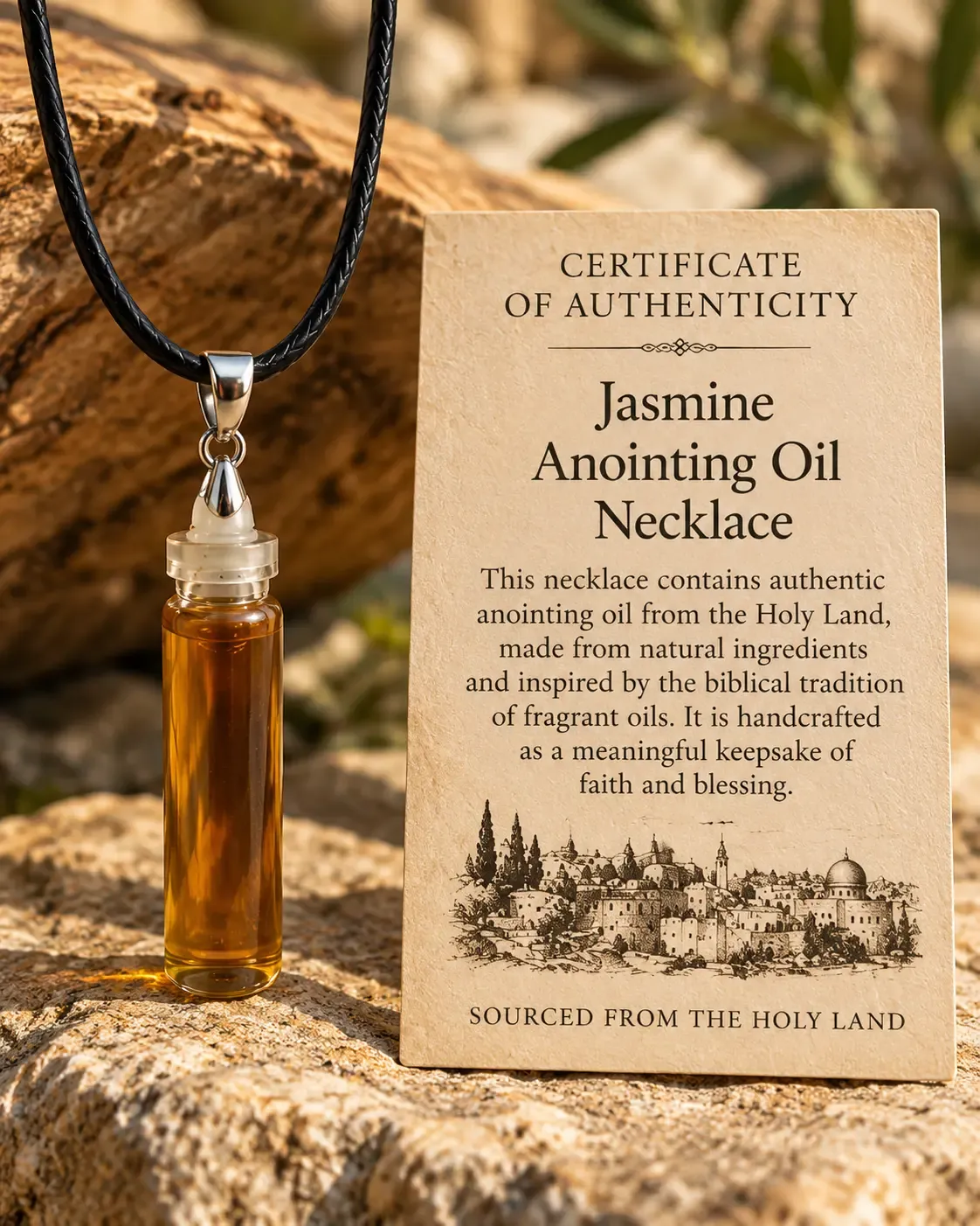 Jasmine anointing oil necklace on a black cord, beside its certificate of authenticity
