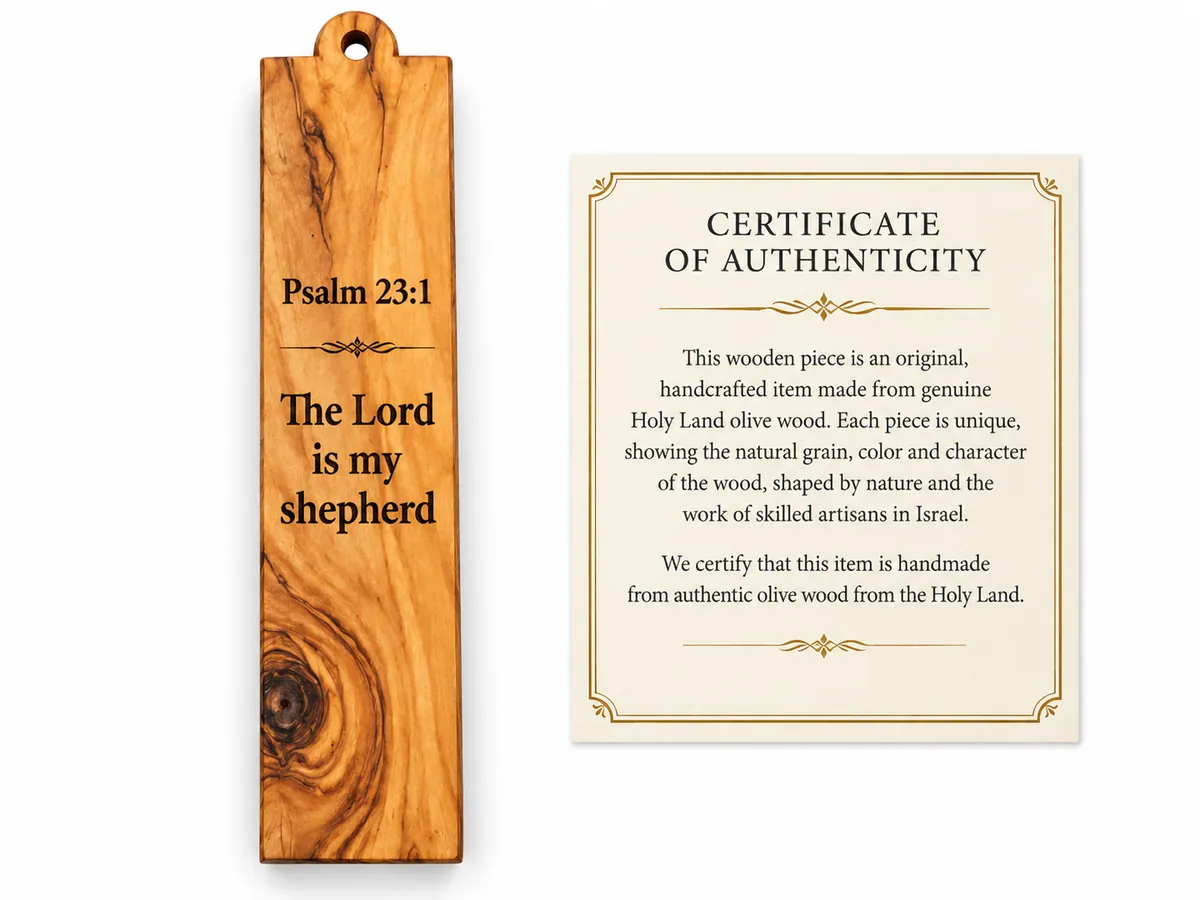 Olive wood bookmark engraved The Lord is my shepherd, Psalm 23:1, beside its certificate of authenticity