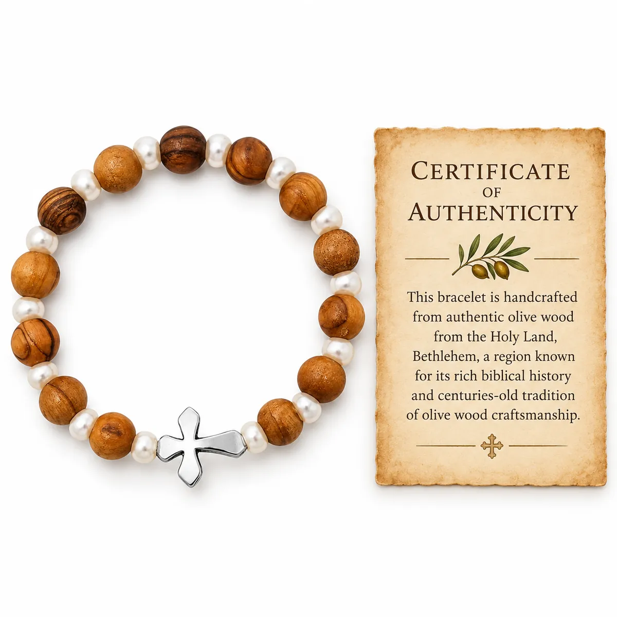 Olive wood and pearl bead bracelet with a silver cross, beside its certificate of authenticity