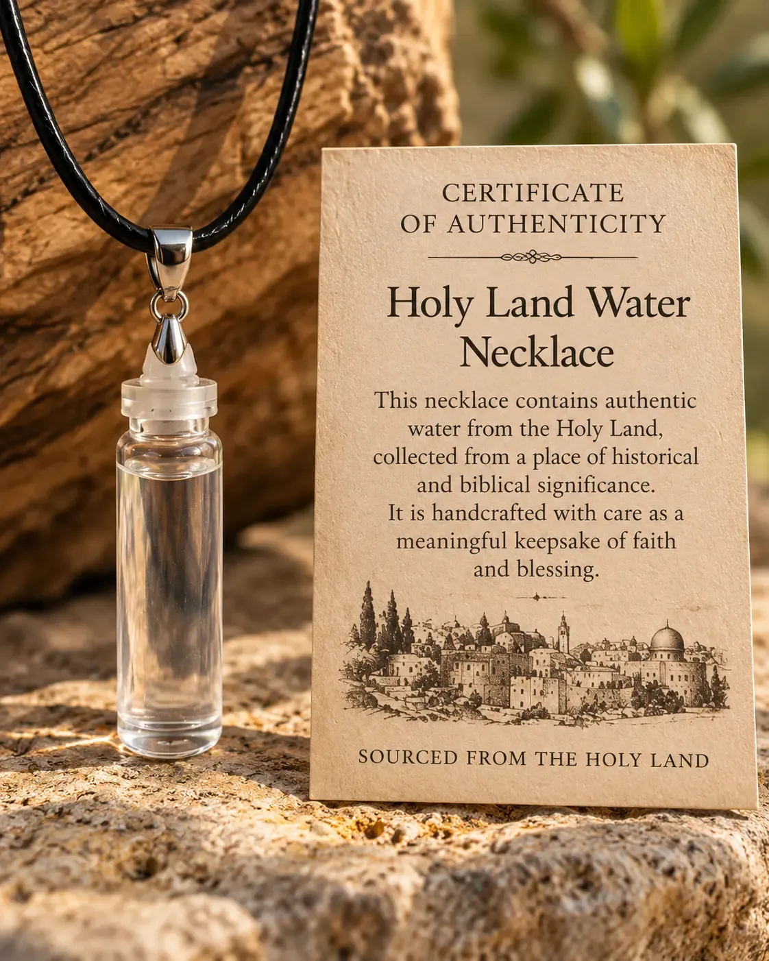 Holy Land water necklace on a black cord, beside its certificate of authenticity