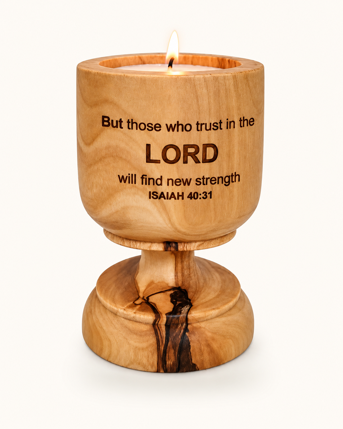 Isaiah 40:31 Blessings Olivewood Candle Holder — Turned olivewood with candle insert Christian fundraising premium for ministry donor campaigns