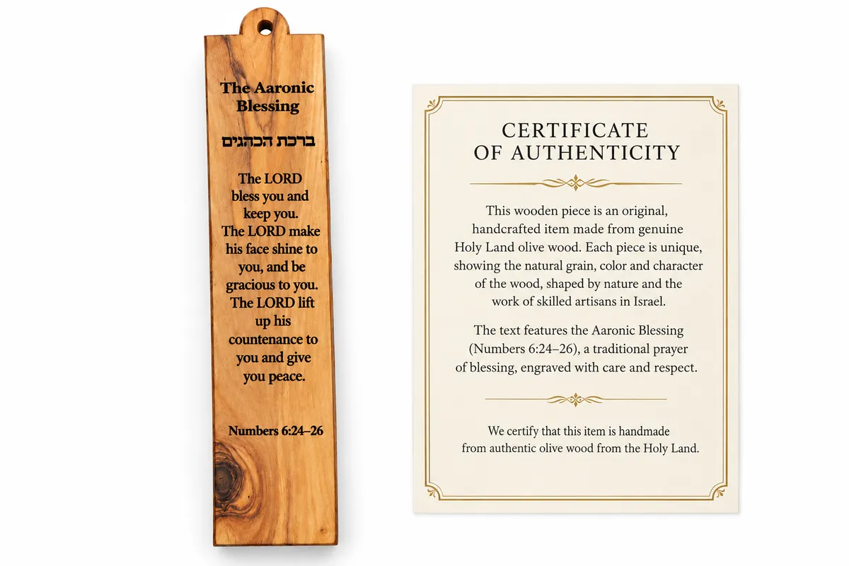 Olive wood bookmark engraved with the Aaronic Blessing, Numbers 6:24–26, in English and Hebrew, beside its certificate of authenticity
