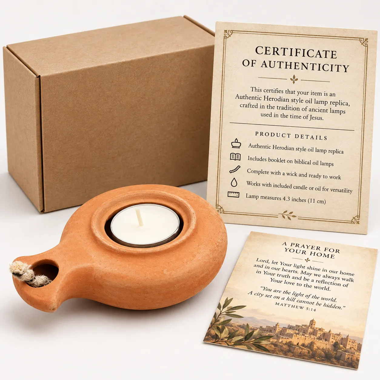 Herodian-style oil lamp replica with its certificate of authenticity