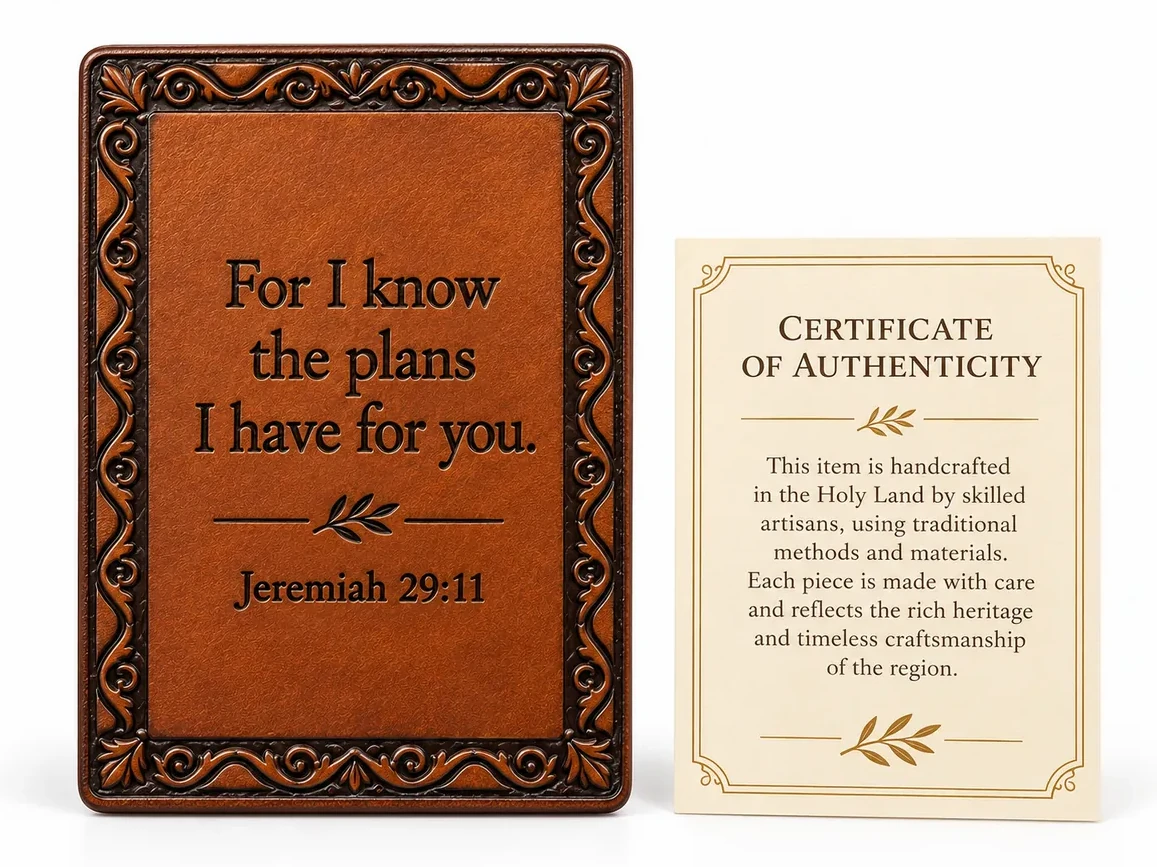Leather magnet embossed For I know the plans I have for you, Jeremiah 29:11, beside its certificate of authenticity