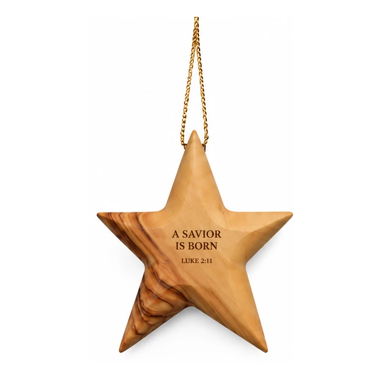 A Savior Is Born – Olive Wood Star Ornament