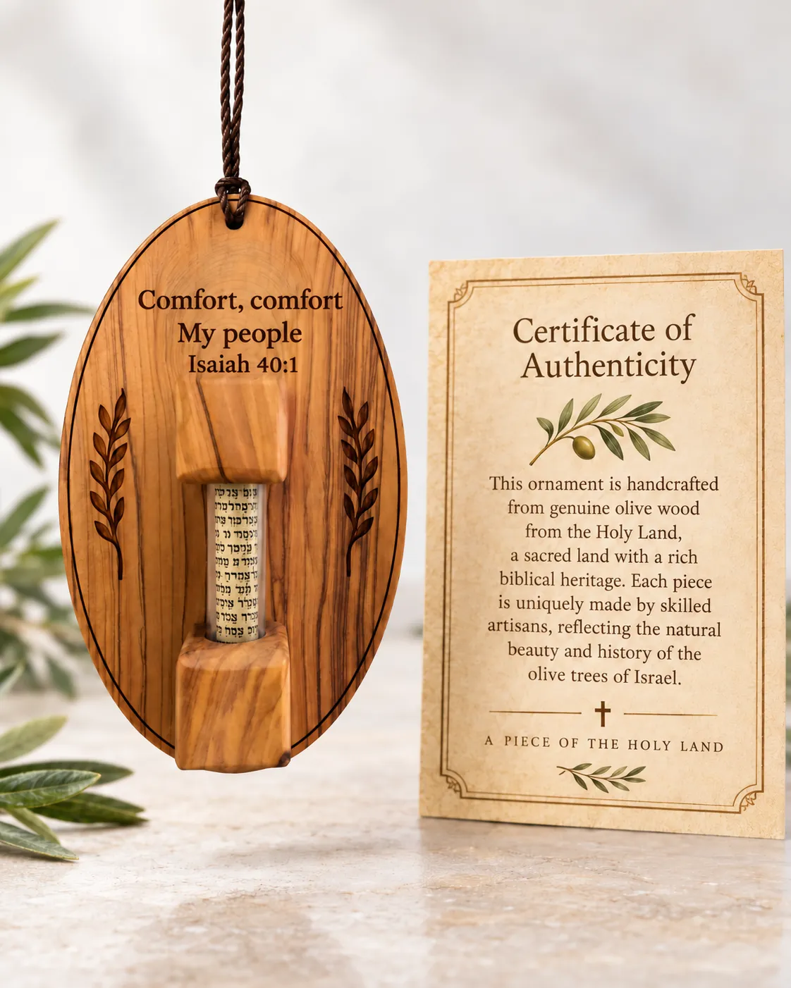 Olive wood scroll ornament engraved with Isaiah 40:1, beside its certificate of authenticity