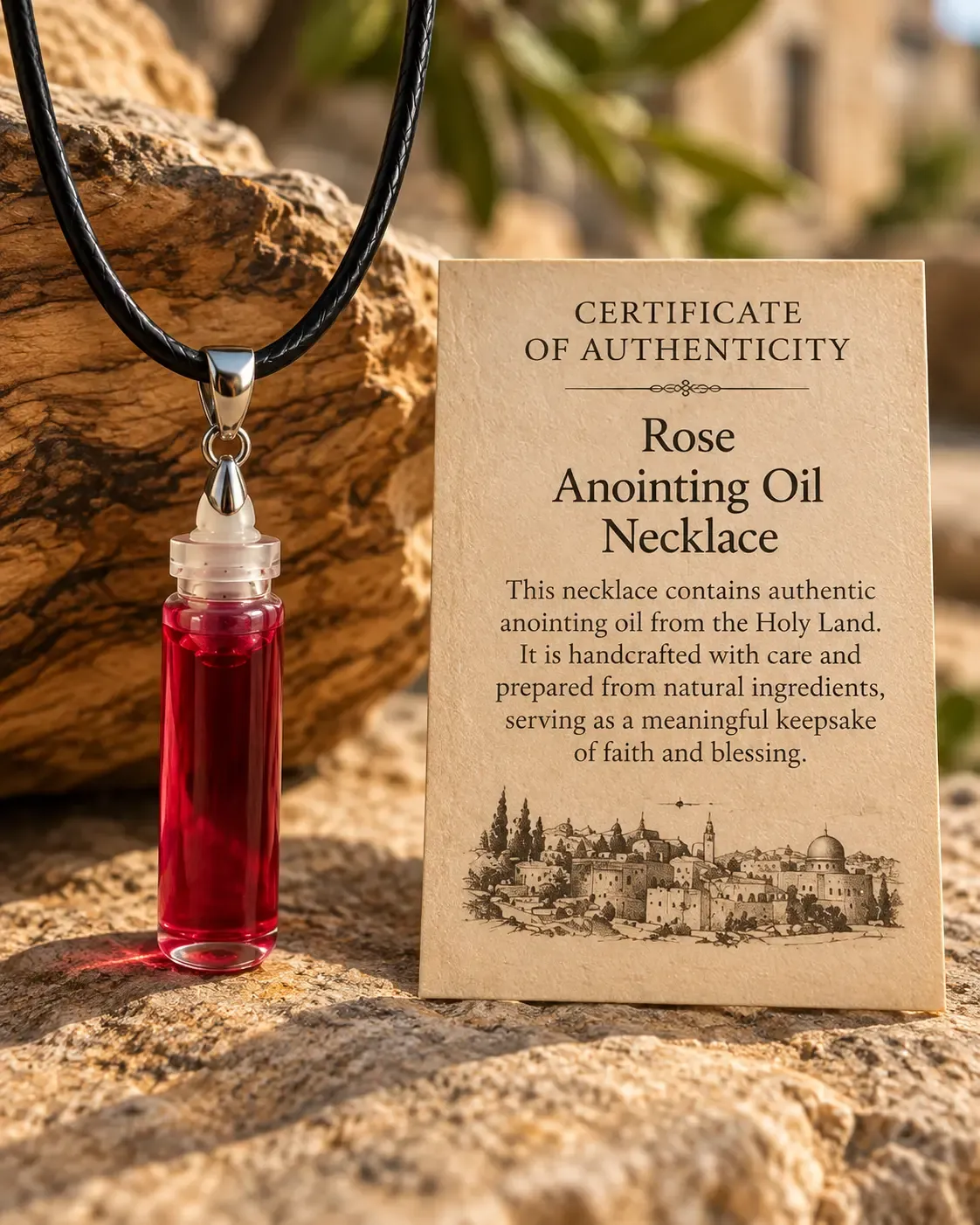 Rose anointing oil necklace on a black cord, beside its certificate of authenticity