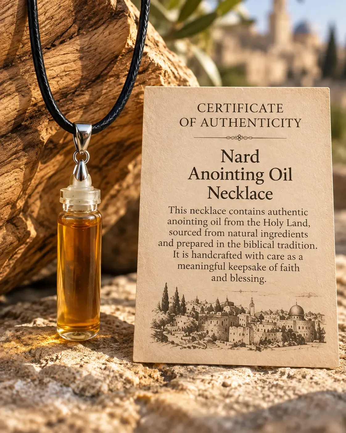 Nard anointing oil necklace on a black cord, beside its certificate of authenticity