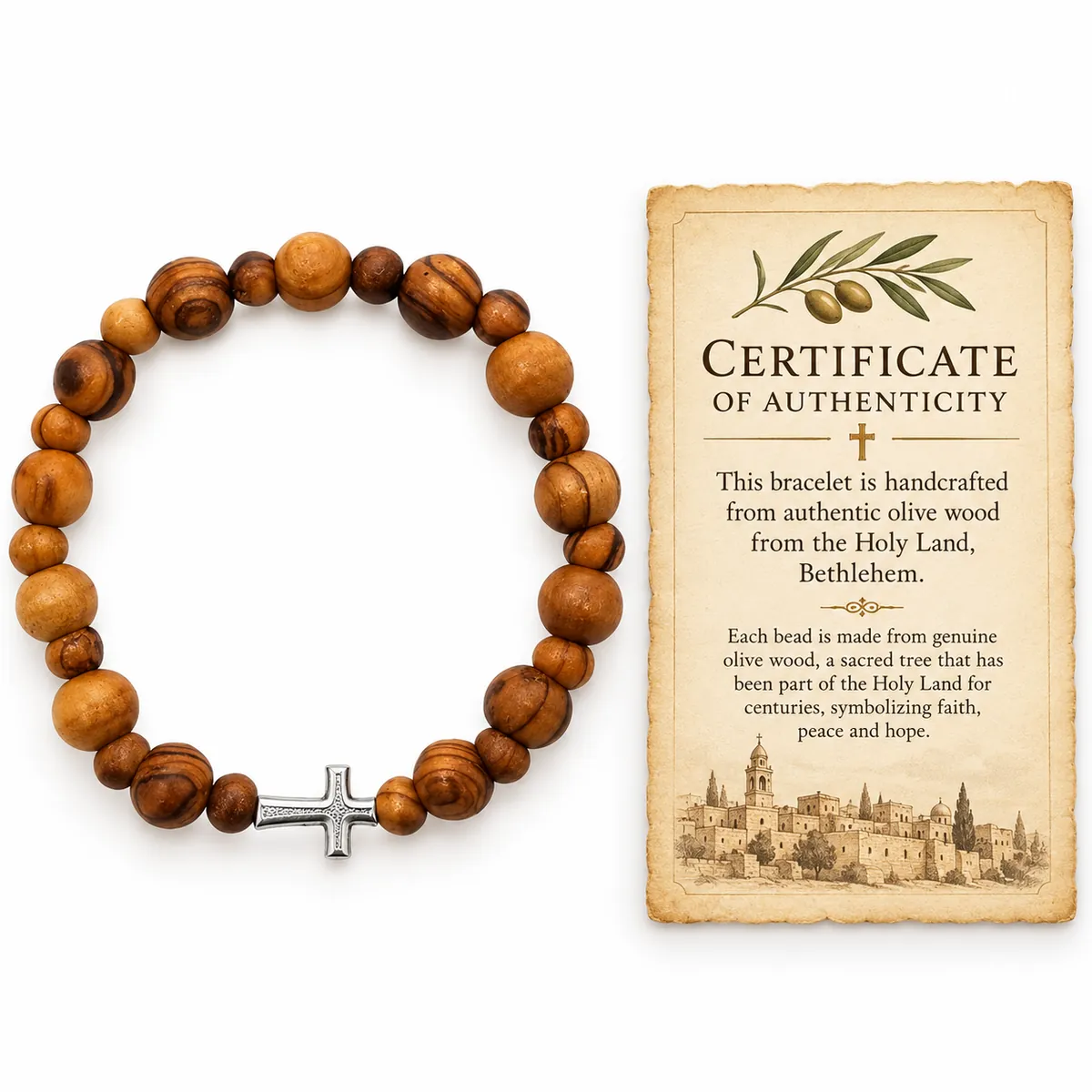 Olive wood bracelet of mixed-size beads with a silver cross, beside its certificate of authenticity