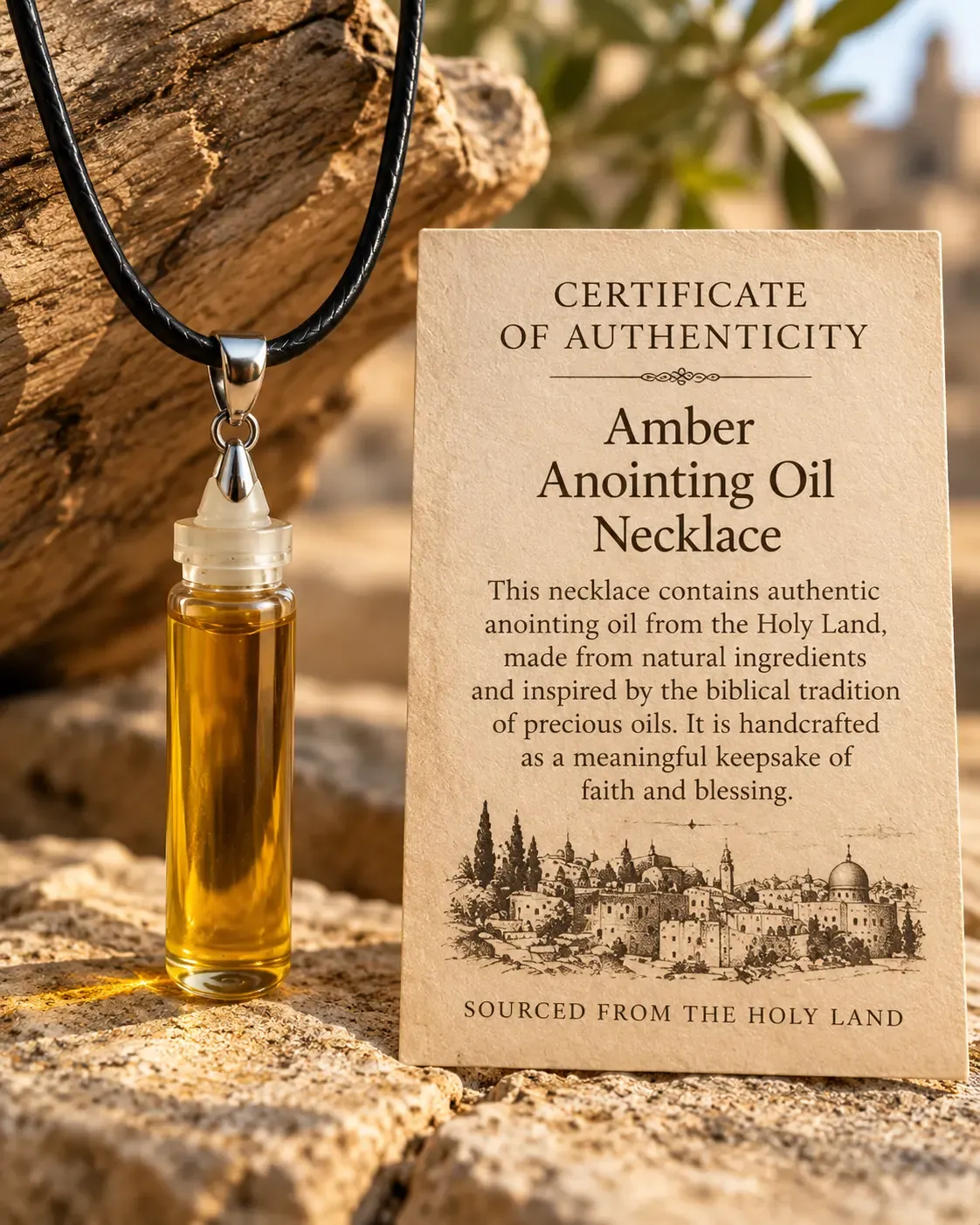 Amber anointing oil necklace on a black cord, beside its certificate of authenticity