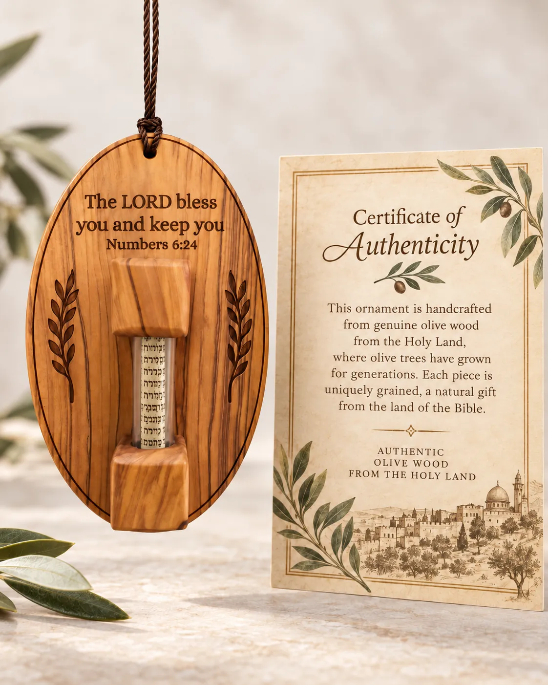 Olive wood scroll ornament engraved with Numbers 6:24, beside its certificate of authenticity