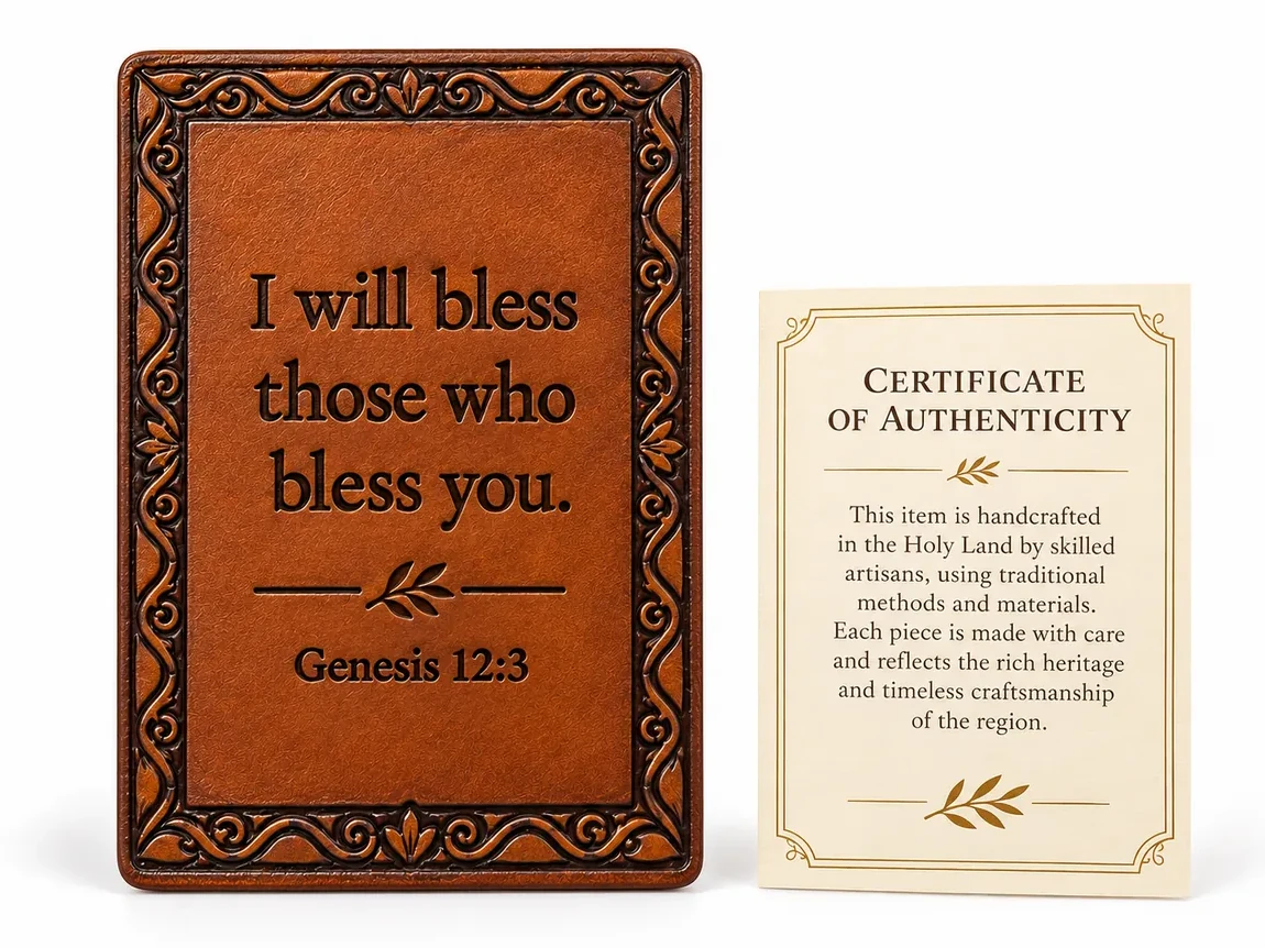 Leather magnet embossed I will bless those who bless you, Genesis 12:3, beside its certificate of authenticity