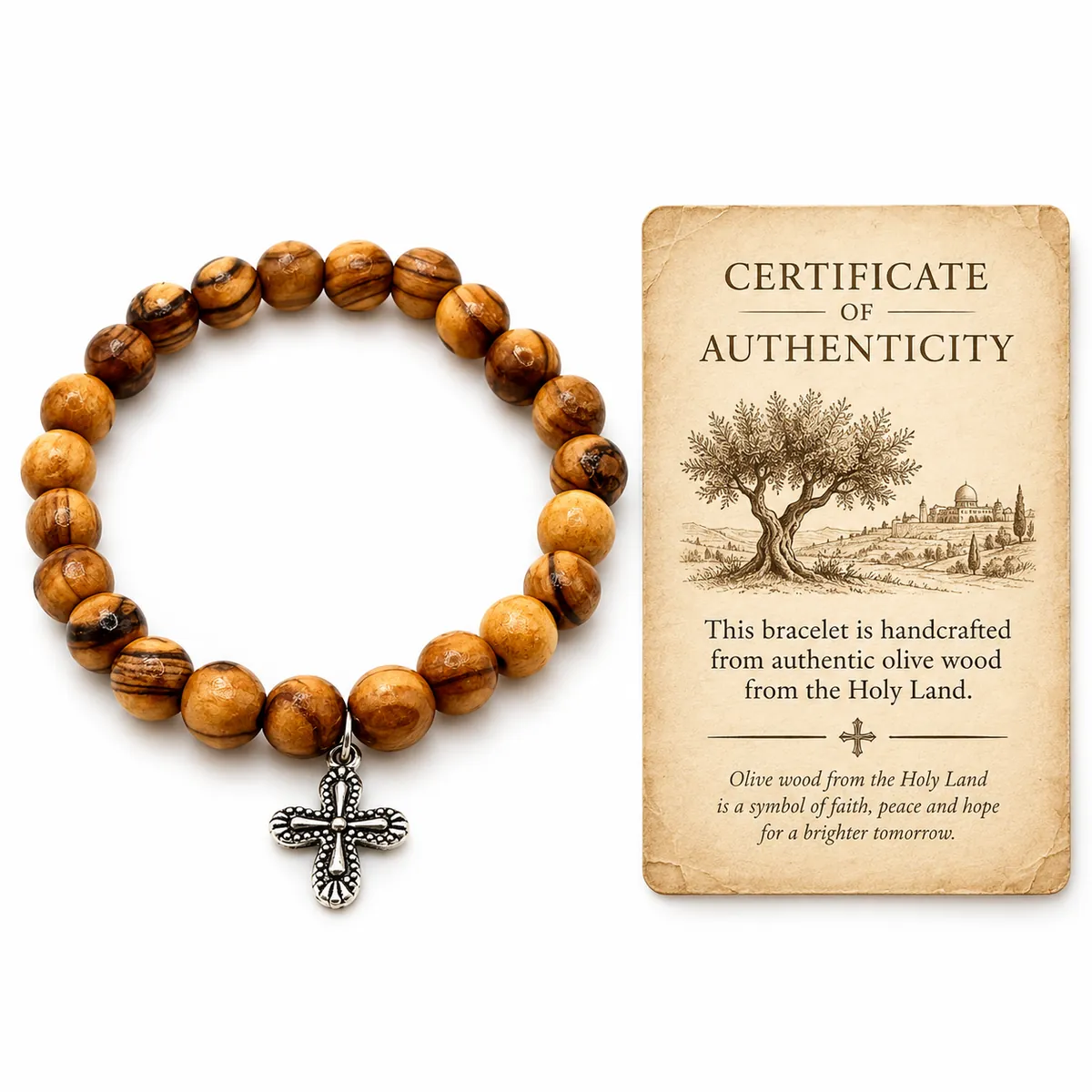 Olive wood bead bracelet with a hanging silver cross charm, beside its certificate of authenticity