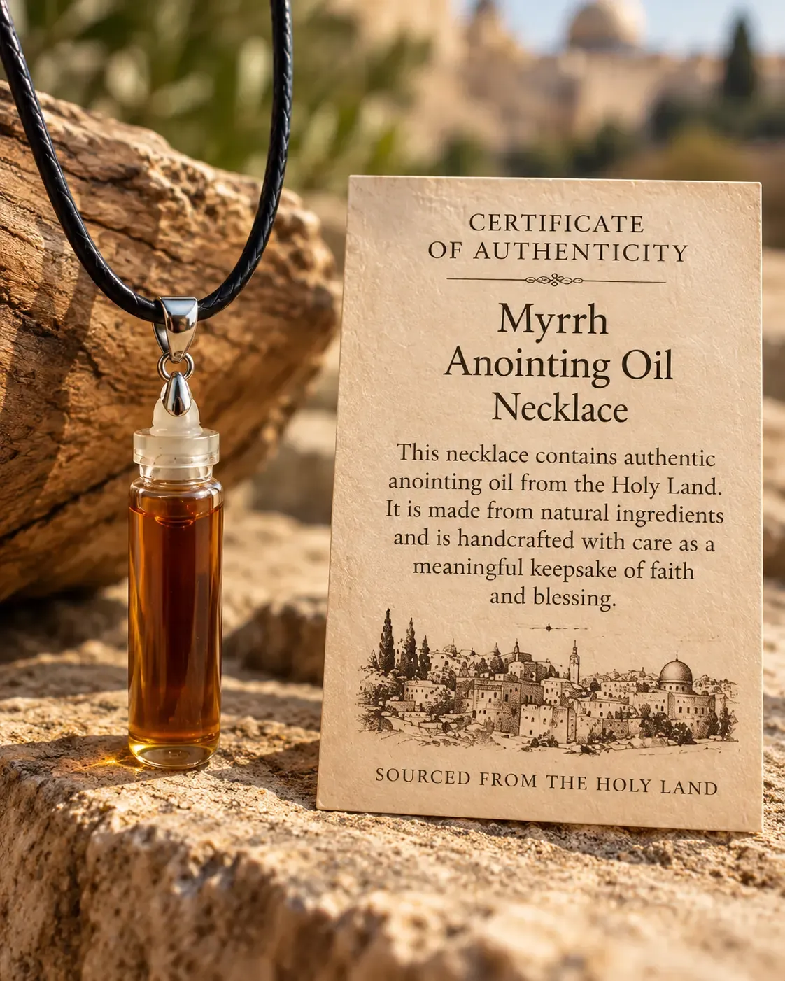 Myrrh anointing oil necklace on a black cord, beside its certificate of authenticity