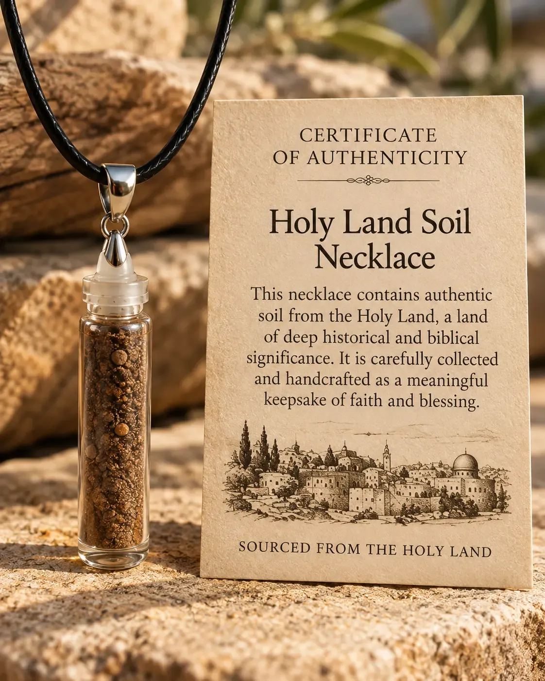 Holy Land soil necklace on a black cord, beside its certificate of authenticity