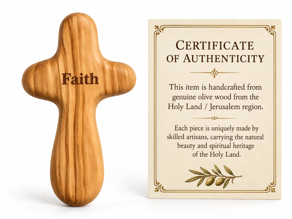 Olive wood prayer cross engraved Faith, beside its certificate of authenticity