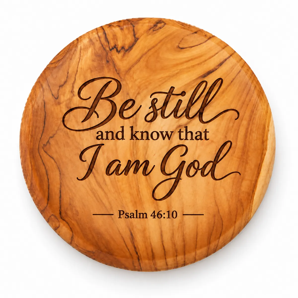 Olive wood coaster engraved Be still and know that I am God, Psalm 46:10