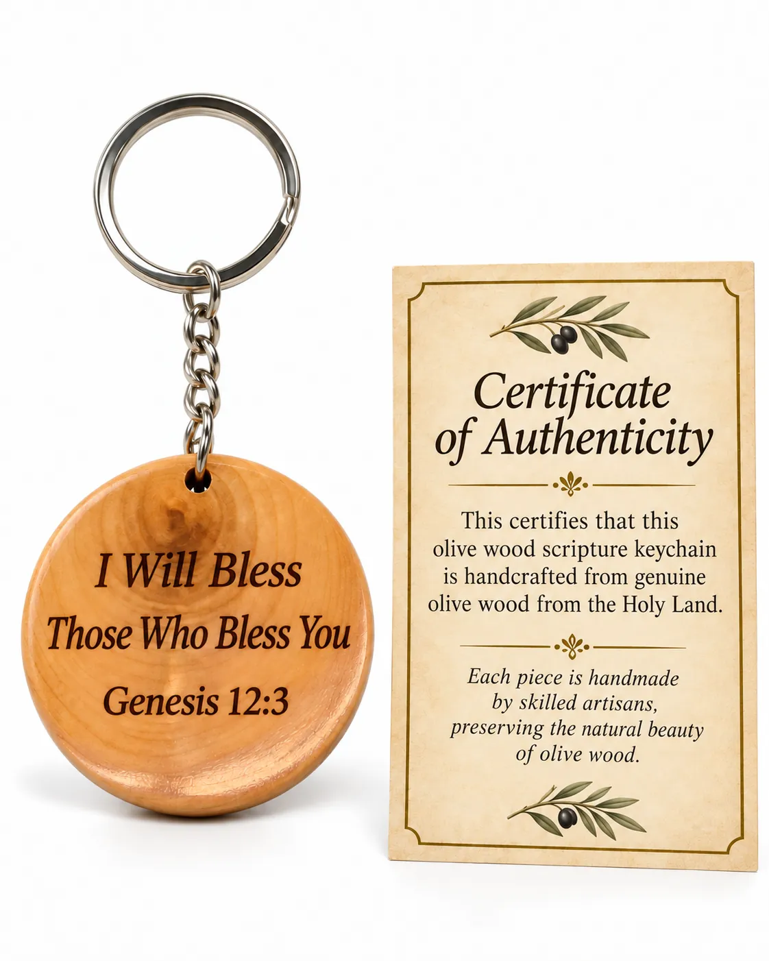 Olive wood keychain engraved I Will Bless Those Who Bless You, Genesis 12:3, beside its certificate of authenticity