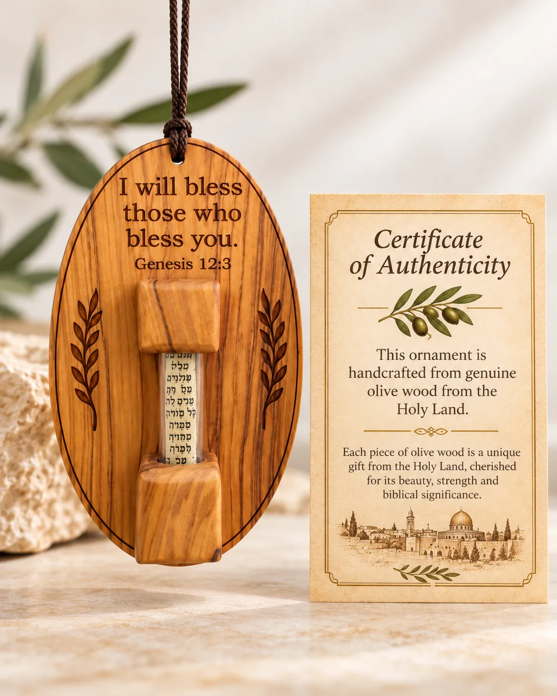 Olive wood scroll ornament engraved with Genesis 12:3, beside its certificate of authenticity