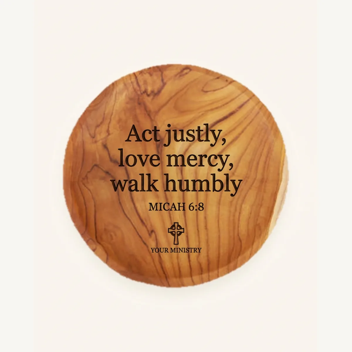 Olive wood coaster customized with a ministry logo and Scripture