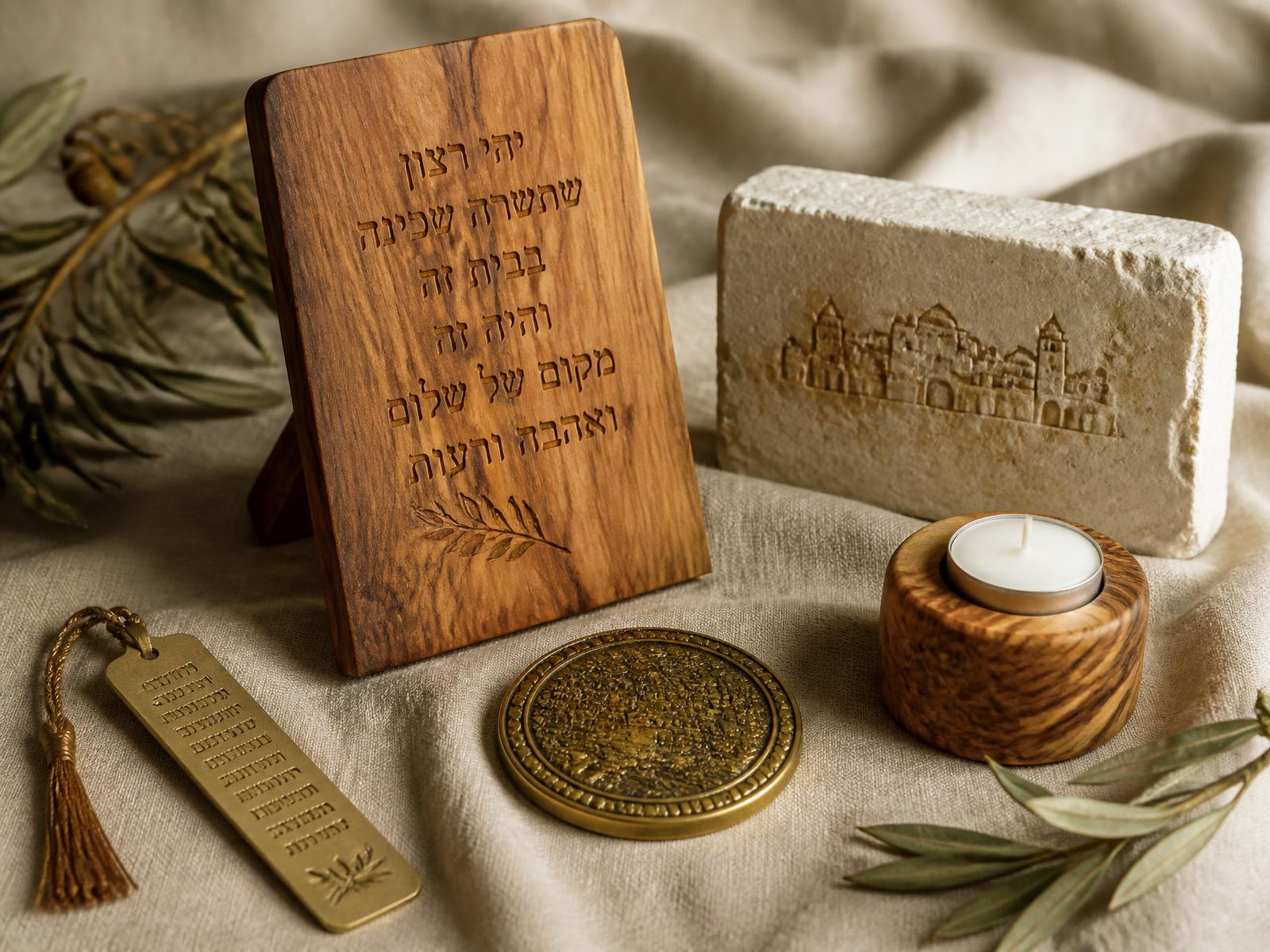 Scripture gifts including an olivewood plaque, Jerusalem stone piece, and biblical coin