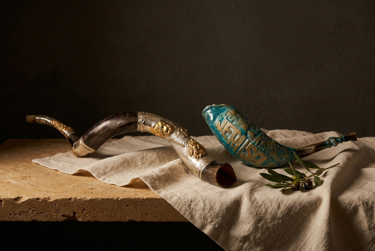 Silver-mounted Jerusalem shofars presented as major donor recognition gifts