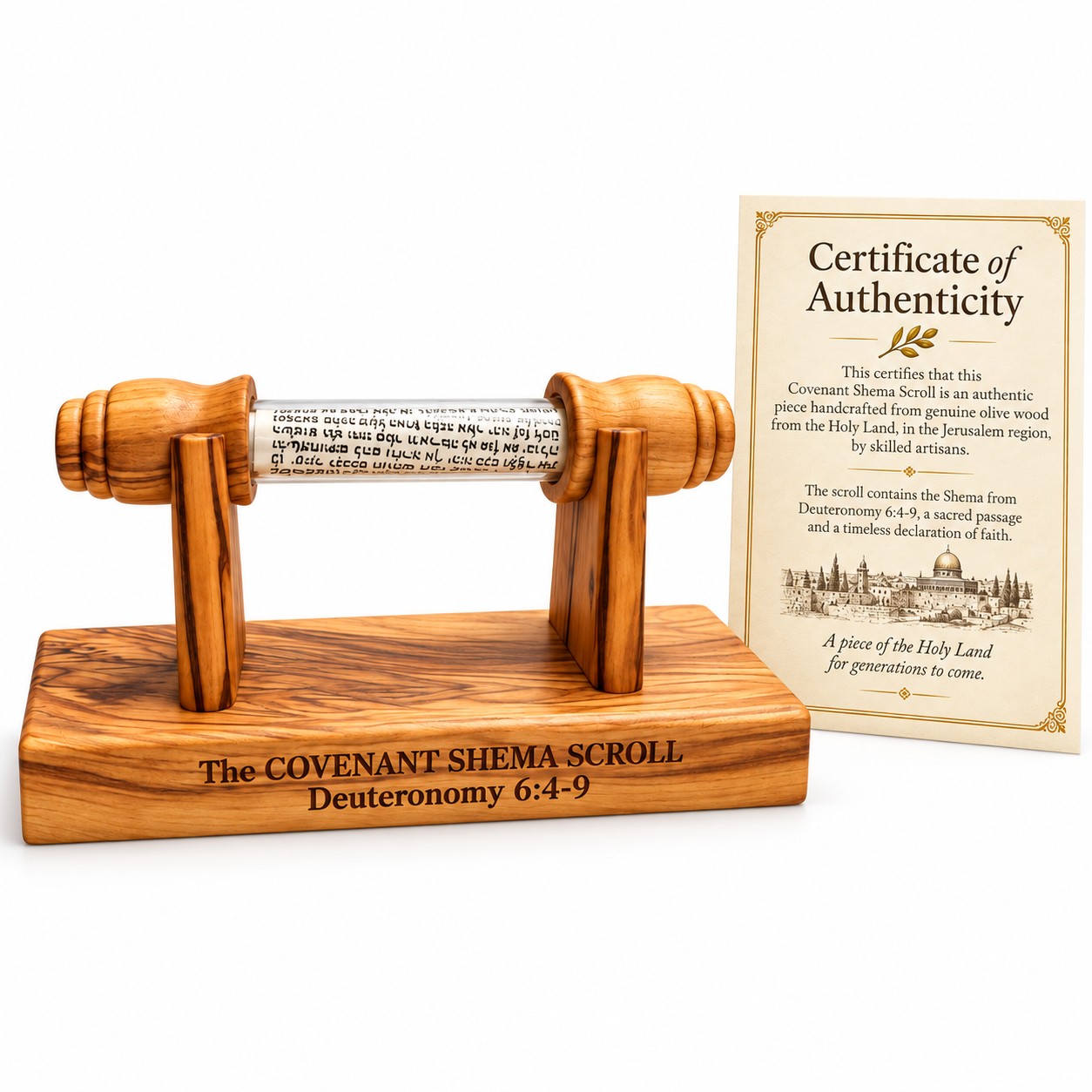 Covenant Shema Scroll on olive wood stand with certificate of authenticity