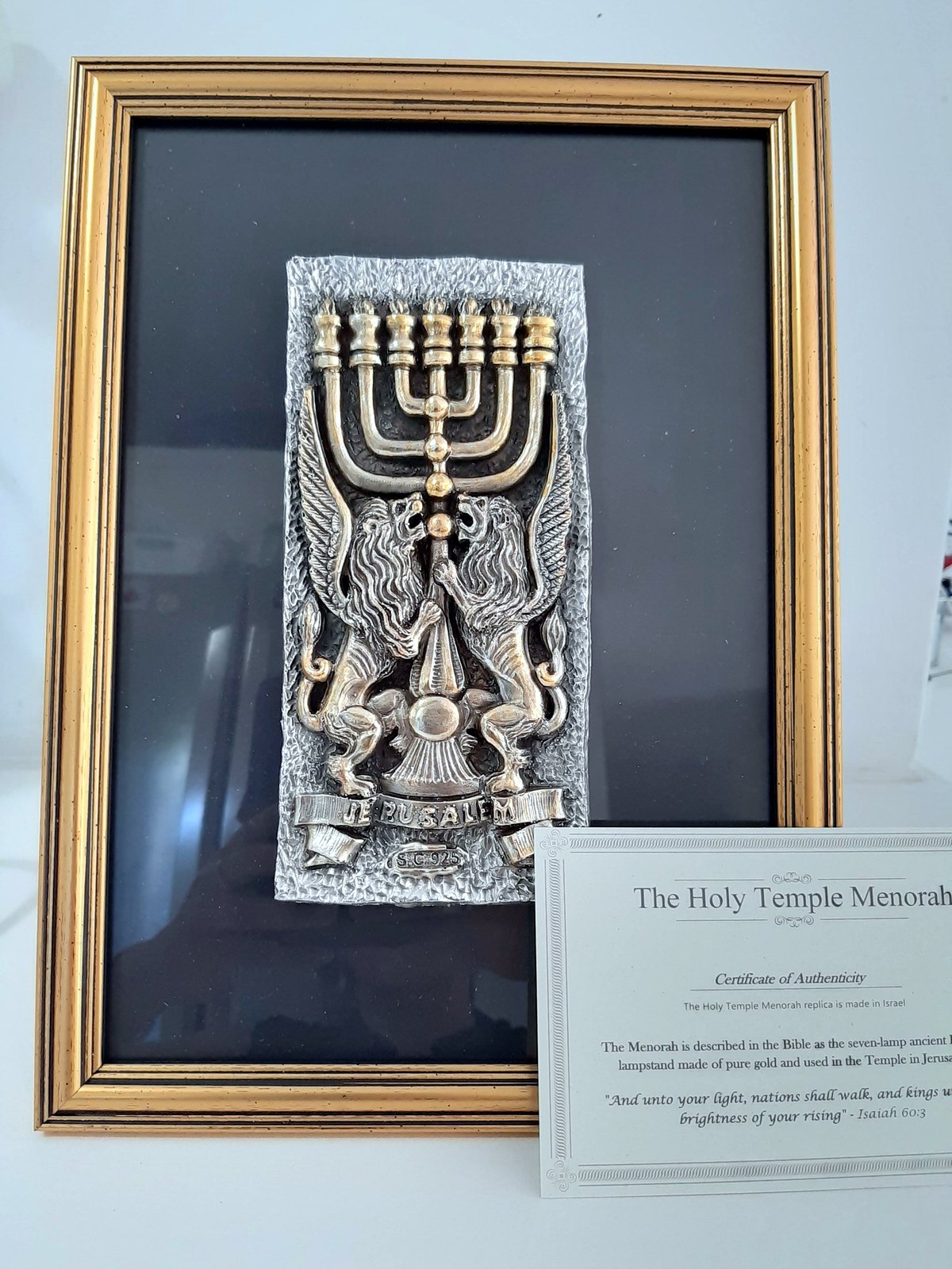 Finished Holy Temple Menorah with its certificate of authenticity