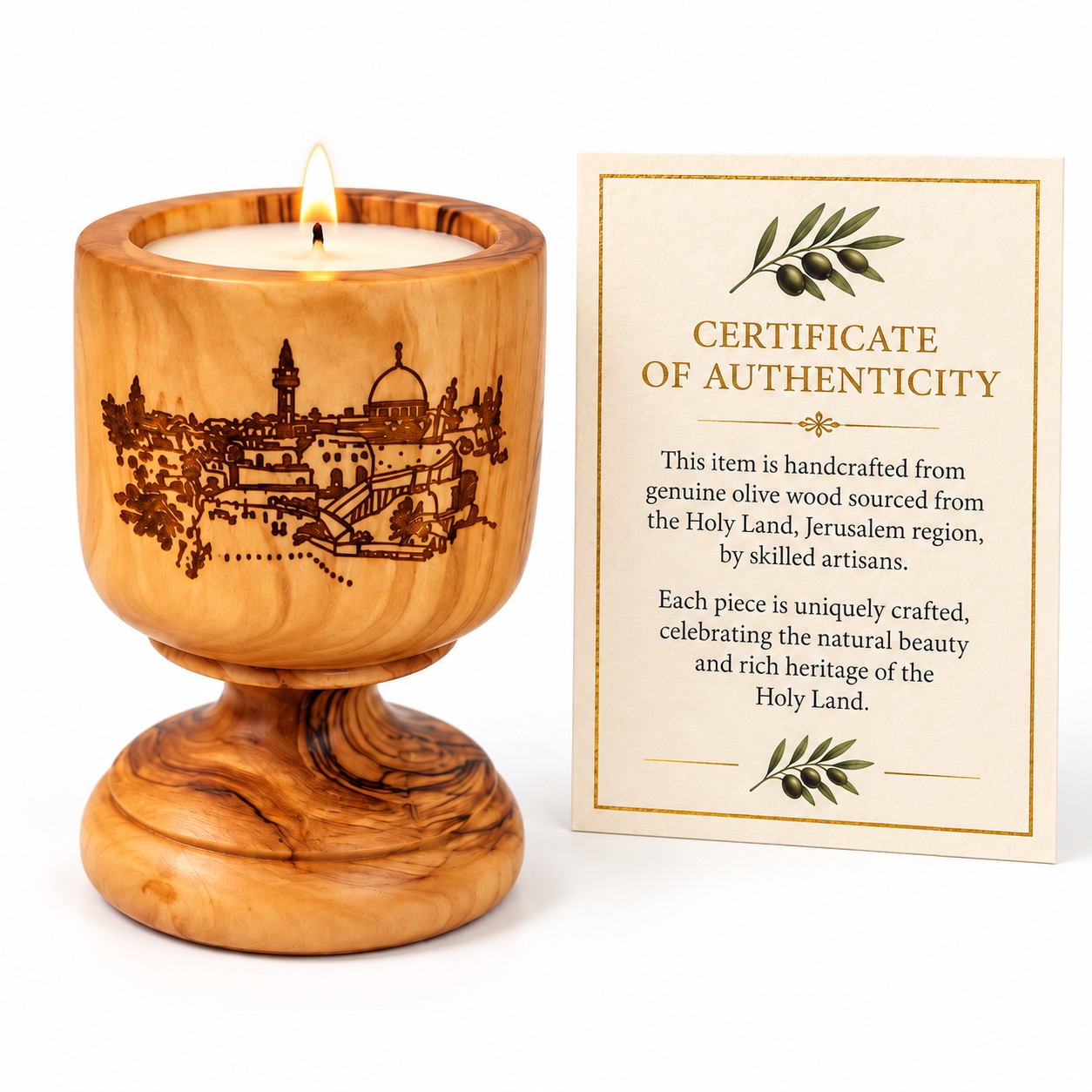 Olive wood candle holder engraved with Jerusalem, with certificate of authenticity